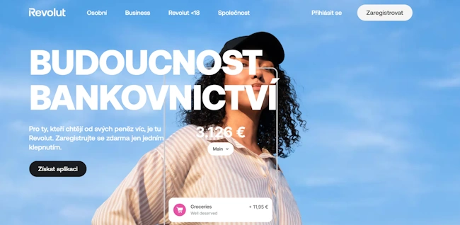 Úvodní stránka online banky Revolut.