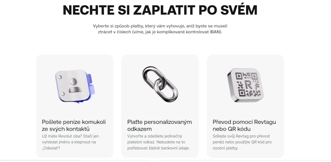 Revolut nabízí až čtyři možnosti, jak posílat či přijímat peníze.